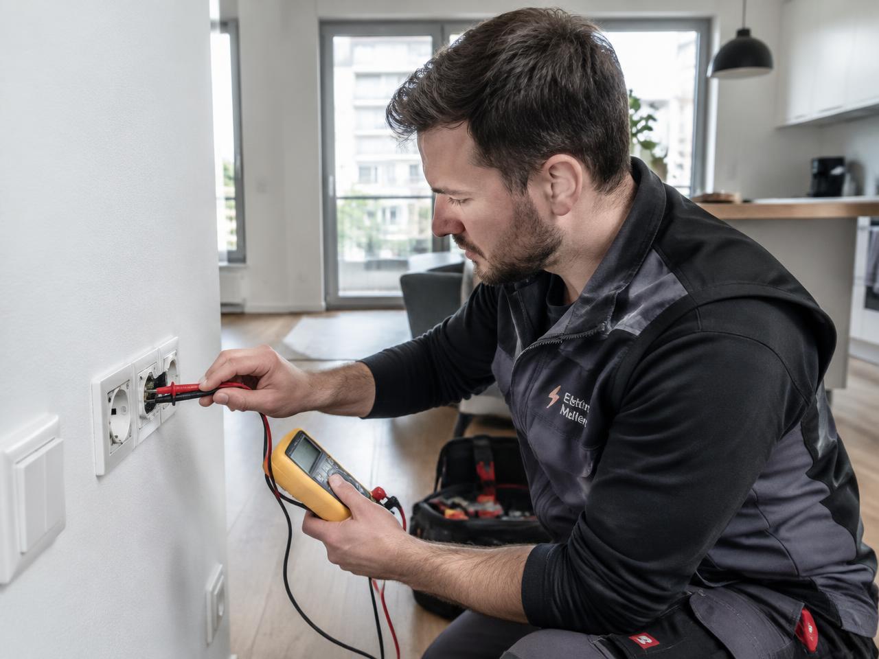 Elektriker misst eine Steckdose mit dem Messgerät